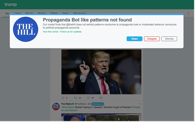 Botcheck Chrome Plugin identifies propaganda and bots on Twitter
